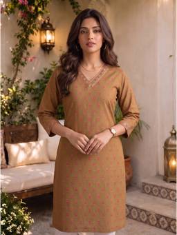 Rangita - Women Beige Rayon Embroidered Straight Kurta