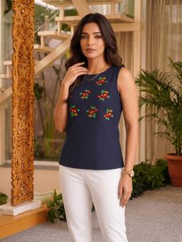 Rangita - Women Blue Rayon Embroidered Straight Top