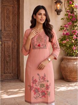 Rangita - Women Peach Cotton Printed Straight Kurta