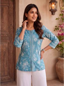 Rangita - Women Blue Cotton Printed Straight Tunic