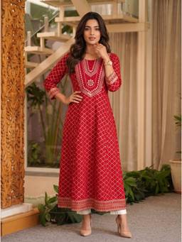 Rangita - Women Maroon Poly Viscose Embroidered Flared Kurta