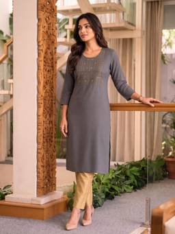 Rangita - Women Grey Rayon Embroidered Straight Kurta