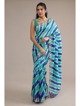 Zari Jaipur - Tassar Silk Lehriya Woven Work Blue Saree With Unstitched Blouse