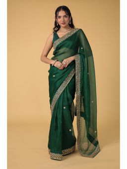 Zari Jaipur - Kota Silk Embellished Green Saree With Unstitched Blouse