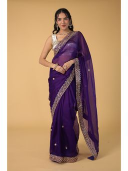 Zari Jaipur - Kota Silk Embellished Purple Saree With Unstitched Blouse