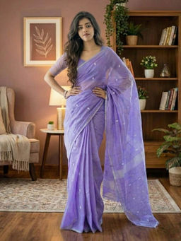 Anjaneya Sarees - Purple Designer Cotton Silk Kanjivaram Solid Saree With Unstitched Blouse
