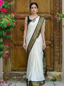 Anjaneya Sarees - White Designer Banarasi Silk Kanjivaram Solid Saree With Unstitched Blouse