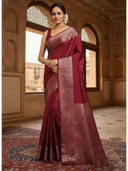 Anjaneya Sarees - Maroon Designer Banarasi Silk Kanjivaram Solid Saree With Unstitched Blouse