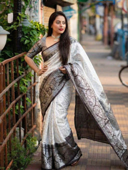Anjaneya Sarees - White Designer Banarasi Silk Kanjivaram Solid Saree With Unstitched Blouse