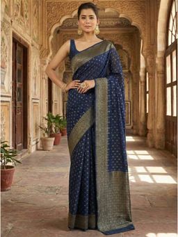 Anjaneya Sarees - Navy Blue Designer Banarasi Silk Kanjivaram Solid Saree With Unstitched Blouse