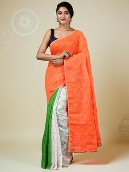 DESH BIDESH - Women's Jamdani Tiranga Saree Without Blouse