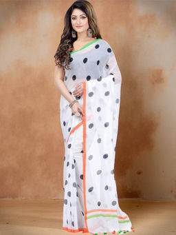 DESH BIDESH - Women's Malmal Tiranga Orange White Green Saree Without Blouse