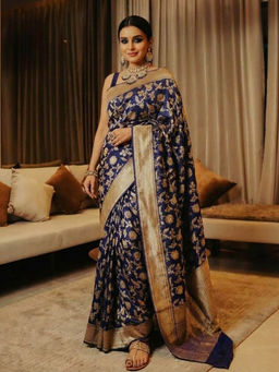 Anjaneya Sarees - Blue Designer Banarasi Silk Kanjivaram Solid Saree With Unstitched Blouse