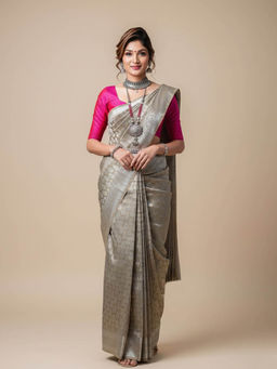 Anjaneya Sarees - Grey Designer Banarasi Silk Kanjivaram Solid Saree With Unstitched Blouse