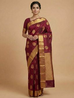 Anjaneya Sarees - Maroon Designer Banarasi Silk Kanjivaram Solid Saree With Unstitched Blouse