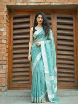 Anjaneya Sarees - Green Designer Cotton Silk Kanjivaram Solid Saree With Unstitched Blouse