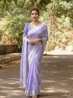 Anjaneya Sarees - Purple Designer Cotton Silk Kanjivaram Solid Saree With Unstitched Blouse