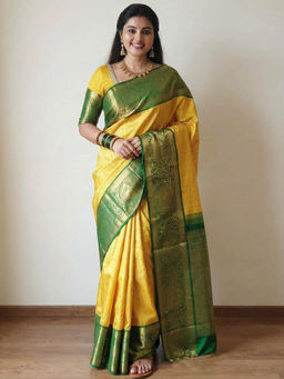 Anjaneya Sarees - Yellow Designer Banarasi Silk Kanjivaram Solid Saree With Unstitched Blouse