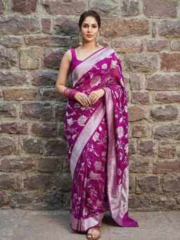 Anjaneya Sarees - Purple Designer Banarasi Silk Kanjivaram Solid Saree With Unstitched Blouse