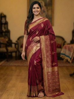 Anjaneya Sarees - Maroon Designer Banarasi Silk Kanjivaram Solid Saree With Unstitched Blouse