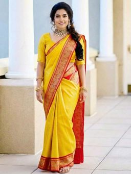 Anjaneya Sarees - Yellow Designer Banarasi Silk Kanjivaram Solid Saree With Unstitched Blouse