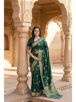 Anjaneya Sarees - Green Designer Banarasi Silk Kanjivaram Solid Saree With Unstitched Blouse