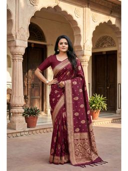 Anjaneya Sarees - Maroon Designer Banarasi Silk Kanjivaram Solid Saree With Unstitched Blouse