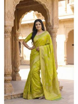 Anjaneya Sarees - Mustard Designer Banarasi Silk Kanjivaram Solid Saree With Unstitched Blouse