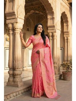 Anjaneya Sarees - Peach Designer Banarasi Silk Kanjivaram Solid Saree With Unstitched Blouse