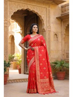 Anjaneya Sarees - Red Designer Banarasi Silk Kanjivaram Solid Saree With Unstitched Blouse