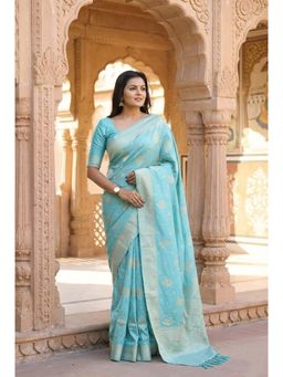 Anjaneya Sarees - Teal Designer Banarasi Silk Kanjivaram Solid Saree With Unstitched Blouse