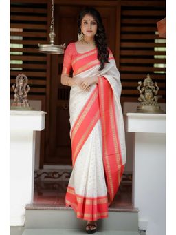 Anjaneya Sarees - White Designer Banarasi Silk Kanjivaram Solid Saree With Unstitched Blouse