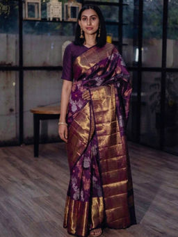 Anjaneya Sarees - Purple Designer Banarasi Silk Kanjivaram Solid Saree With Unstitched Blouse