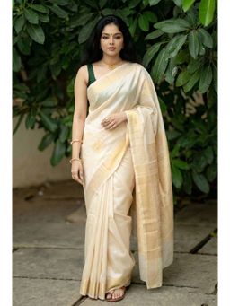Anjaneya Sarees - White Designer Banarasi Silk Kanjivaram Solid Saree With Unstitched Blouse