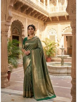 Anjaneya Sarees - Green Designer Banarasi Silk Kanjivaram Solid Saree With Unstitched Blouse