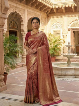 Anjaneya Sarees - Maroon Designer Banarasi Silk Kanjivaram Solid Saree With Unstitched Blouse