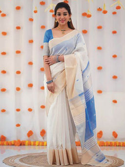 Anjaneya Sarees - White Designer Cotton Silk Kanjivaram Solid Saree With Unstitched Blouse
