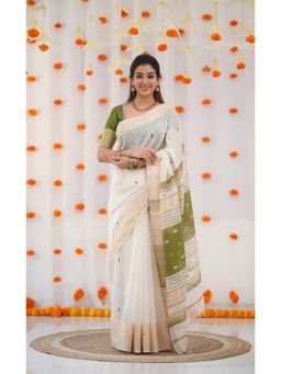 Anjaneya Sarees - White Designer Cotton Silk Kanjivaram Solid Saree With Unstitched Blouse