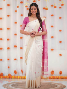 Anjaneya Sarees - White Designer Cotton Silk Kanjivaram Solid Saree With Unstitched Blouse