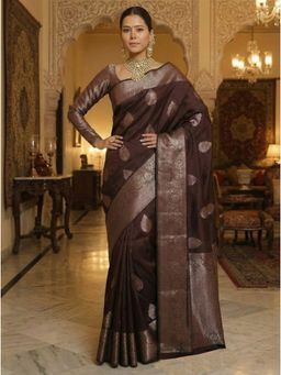 Anjaneya Sarees - Wine Designer Banarasi Silk Kanjivaram Solid Saree With Unstitched Blouse