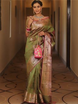 Anjaneya Sarees - Green Designer Banarasi Silk Kanjivaram Solid Saree With Unstitched Blouse