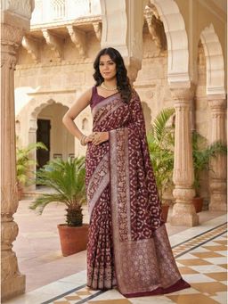 Anjaneya Sarees - Maroon Designer Banarasi Silk Kanjivaram Solid Saree With Unstitched Blouse