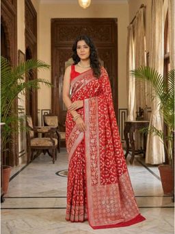Anjaneya Sarees - Red Designer Banarasi Silk Kanjivaram Solid Saree With Unstitched Blouse