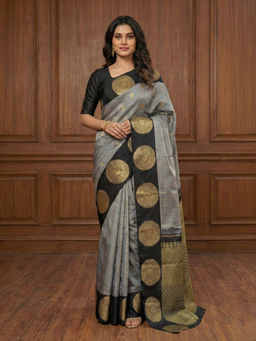 Anjaneya Sarees - Grey Designer Banarasi Silk Kanjivaram Solid Saree With Unstitched Blouse