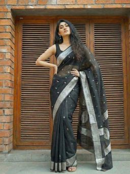 Anjaneya Sarees - Black Designer Cotton Silk Kanjivaram Solid Saree With Unstitched Blouse