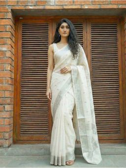 Anjaneya Sarees - White Designer Cotton Silk Kanjivaram Solid Saree With Unstitched Blouse