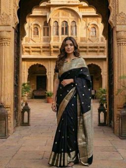 Anjaneya Sarees - Black Designer Banarasi Silk Kanjivaram Solid Saree With Unstitched Blouse