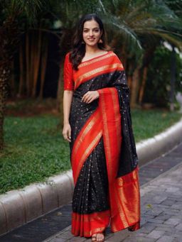 Anjaneya Sarees - Black Designer Banarasi Silk Kanjivaram Solid Saree With Unstitched Blouse