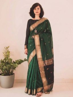 Anjaneya Sarees - Green Designer Banarasi Silk Kanjivaram Solid Saree With Unstitched Blouse