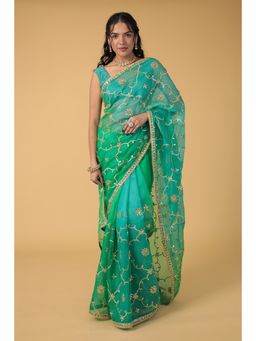 Zari Jaipur - Kota Silk Embellished Green Saree With Unstitched Blouse